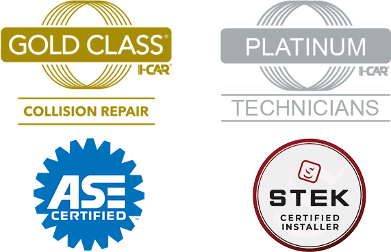 I-CAR Gold Class Collision Repair, I-CAR Platinum Technicians, ASE Certified, and STEK Certified Installer credentials