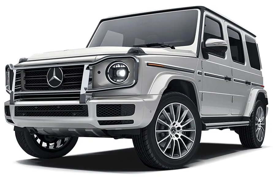 A silver G-wagon Mercedes Benz
