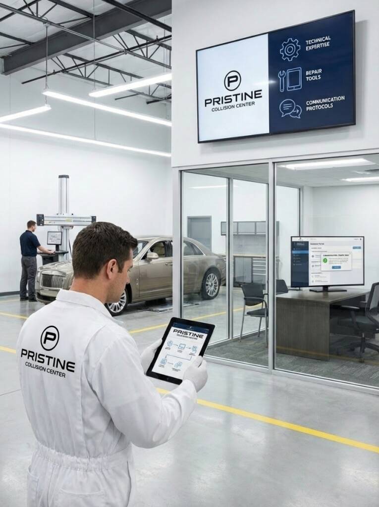 An image of a workshop worker at Pristine Collision Center, administrating White Glove Repair Services.